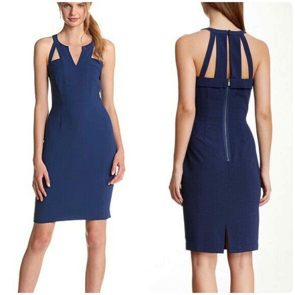 BCBGMAXAZRIA Macie Cutout Sheath‎ Knee Length Dress Blue Depth Size 10 ZBA6V488